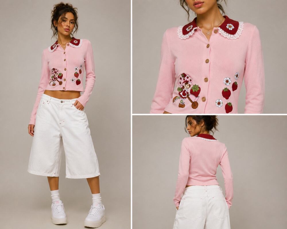 Strawberry Shortcake Pink Embroidered Cardigan Women’s S Y2K Cottagecore Kawaii